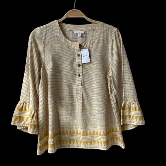 J. Jill Organic Cotton Striped Blouse Top Women XSP Cream Bell Sleeve Boho NEW - Picture 1 of 11